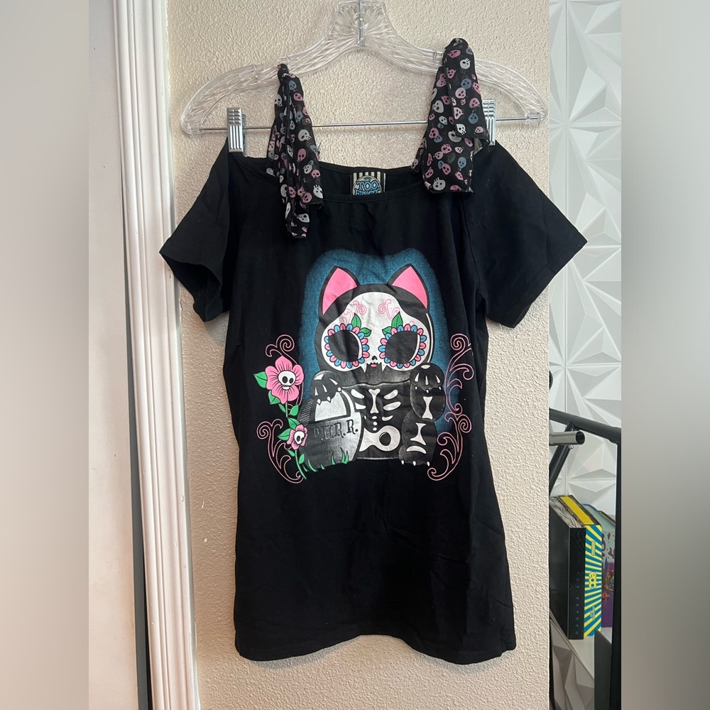 Sugar Skull Cat Kitty Shirt Top Too Fast Punk Goth